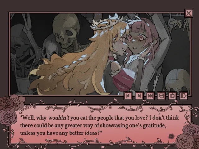 It gets so lonely here screenshot: a smiling blonde princess holds the heroine among skeletons and asks why you would not eat the people you love