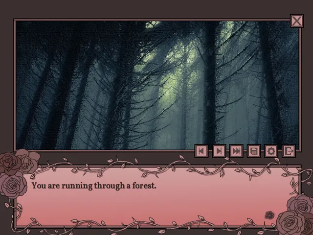 It gets so lonely here screenshot: a dark forest under the opening line 'You are running through a forest' in a rose-framed text box