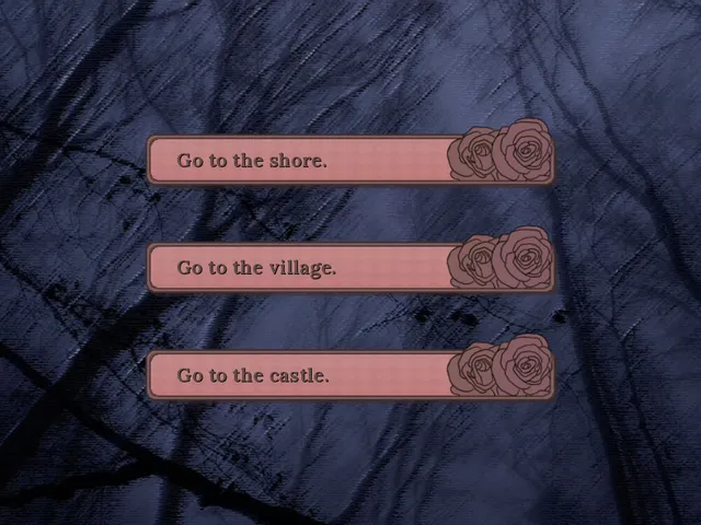 It gets so lonely here screenshot: three choices over dark trees: go to the shore, the village or the castle