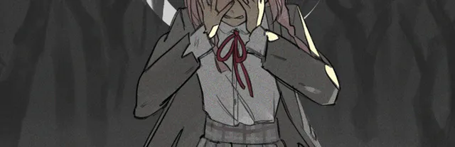 It gets so lonely here key art: a girl in a school uniform with a red ribbon covers her face with her hands in a dark forest