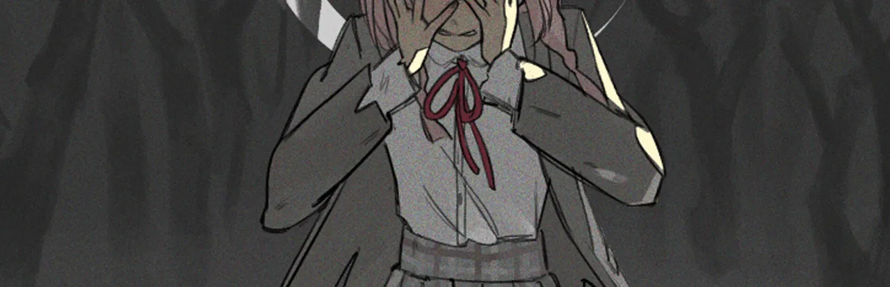 It gets so lonely here key art: a girl in a school uniform with a red ribbon covers her face with her hands in a dark forest