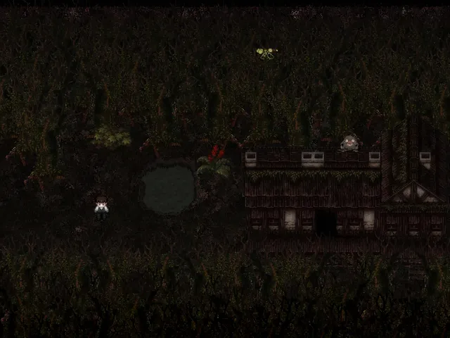 It Moves screenshot: the boy in a dark overgrown jungle beside a pond and an old wooden house, with a grey creature on its roof