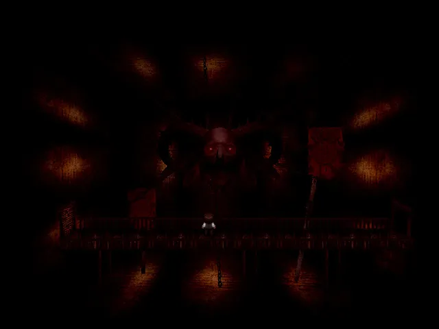 It Moves screenshot: the boy stands on a long walkway before a huge horned skull with glowing red eyes in a dark red chamber