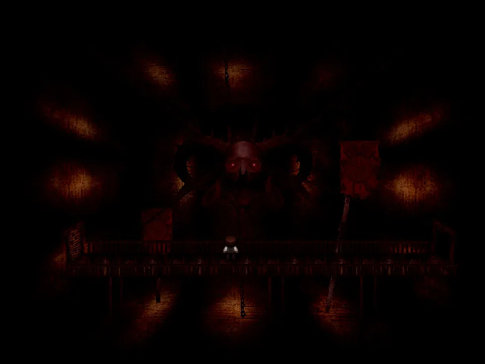 It Moves screenshot: the boy stands on a long walkway before a huge horned skull with glowing red eyes in a dark red chamber