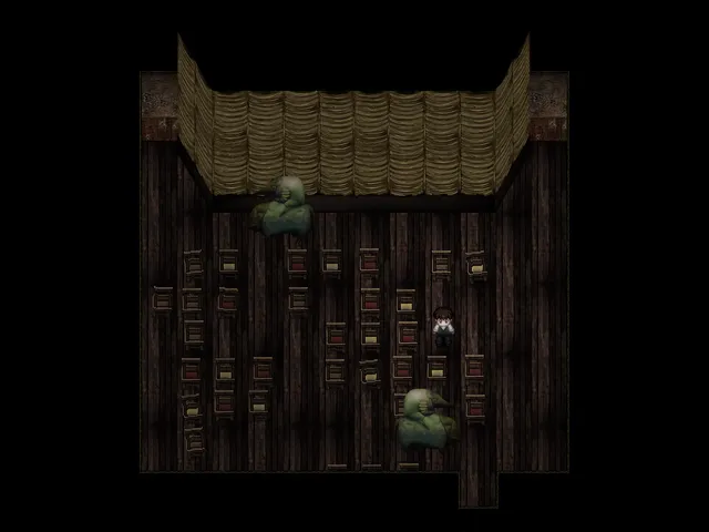 It Moves screenshot: the boy among rows of school desks in a dark wooden classroom with two hunched green creatures