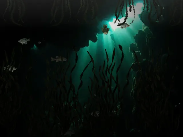 It Moves screenshot: the boy sinking through dark green water past kelp and fish toward a shaft of light