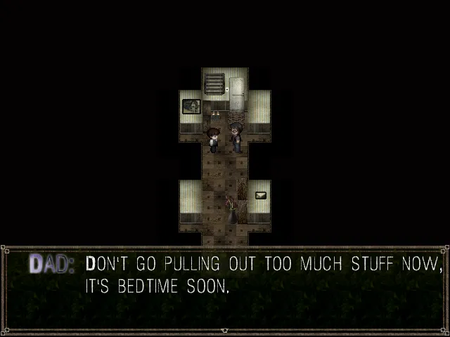 It Moves screenshot: the boy and his dad in a narrow hallway at home, with Dad saying it is bedtime soon