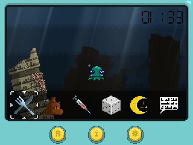 It Needs Care screenshot: the care menu with fork, droppings, syringe, dice, moon and speech icons under the small green creature