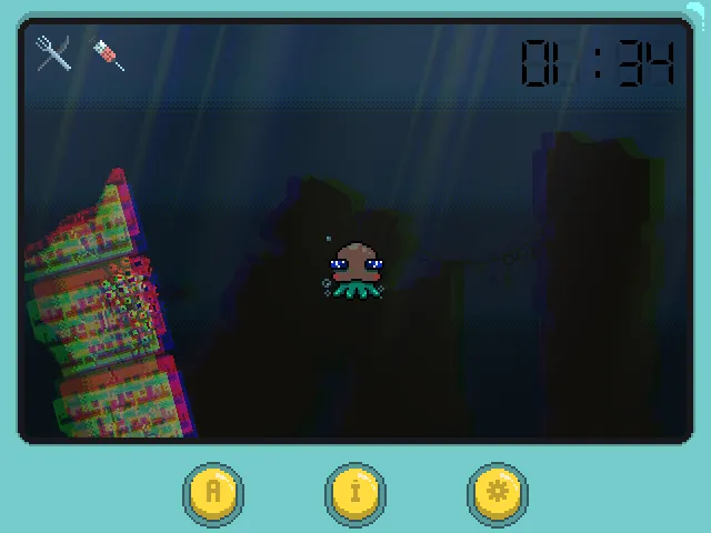 It Needs Care screenshot: a small brown creature in the dark water while the left side of the screen glitches into coloured noise