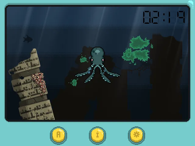 It Needs Care screenshot: a grown, long-tentacled sea creature floats among underwater ruins and green weed on the toy's screen, the timer reading 02:19