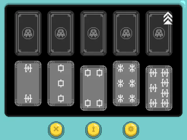 It Needs Care screenshot: the card game, five face-down cards above five grey cards showing your hand