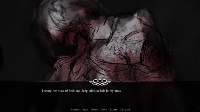 It Paints Me screenshot: a smeared red and grey drawing of flesh and hair with the line I scoop her mass of flesh and deep crimson hair in my arms
