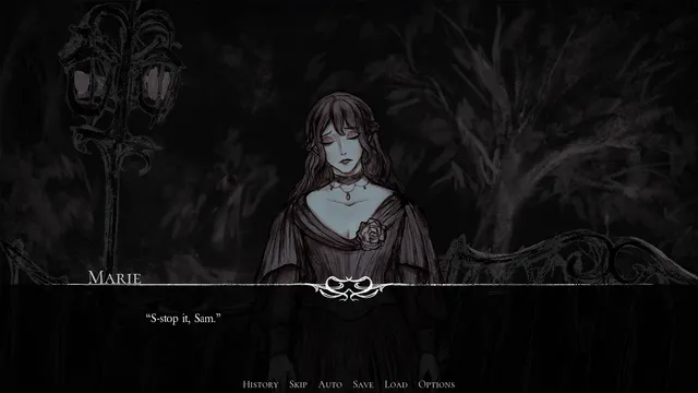 It Paints Me screenshot: Marie, a pale woman in an old-fashioned gown, standing by a lamp post at night as she says S-stop it, Sam
