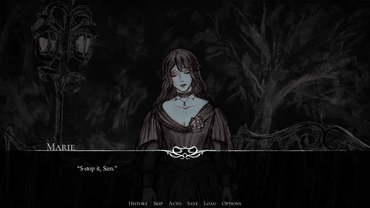 It Paints Me screenshot: Marie, a pale woman in an old-fashioned gown, standing by a lamp post at night as she says S-stop it, Sam