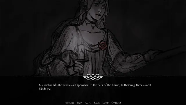 It Paints Me screenshot: a charcoal sketch of Marie lifting a candle in the dark of the house