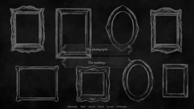It Paints Me screenshot: empty ornate picture frames on a dark wall with the choices The photographs and The paintings