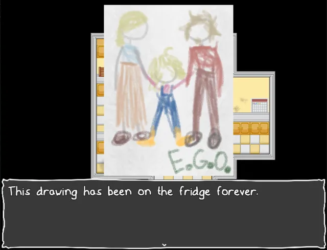 It's Not Me, It's My Basement screenshot: a child's crayon drawing of a family, with the line This drawing has been on the fridge forever