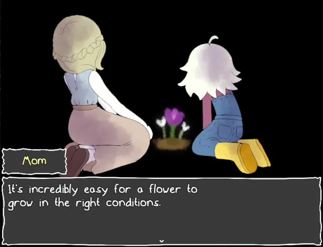 It's Not Me, It's My Basement screenshot: Mom and the child kneeling by a purple flower as she says it is easy for a flower to grow in the right conditions