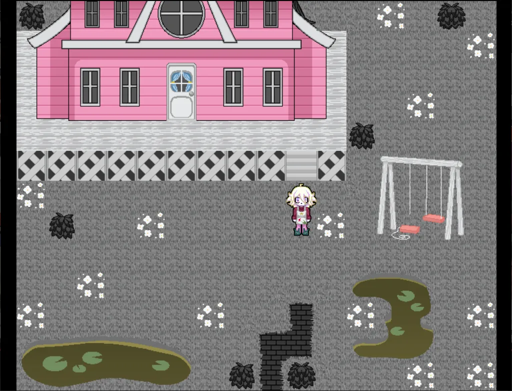 It's Not Me, It's My Basement screenshot: the child standing in a grey yard in front of a pink house, beside a swing set and a murky pond