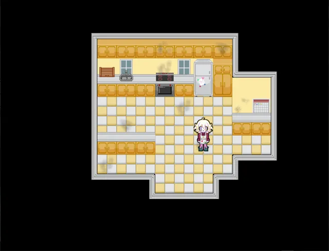 It's Not Me, It's My Basement screenshot: the child standing in a stained yellow-tiled kitchen, seen from above