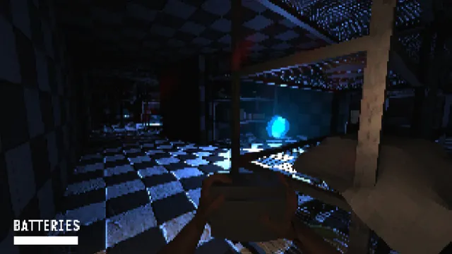 It Steals: first-person view holding a device in a dark blue checkered hall, a glowing blue orb ahead and a batteries meter in the corner