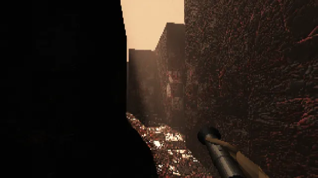 It Steals: a narrow passage between blood-streaked walls under a pale sky, a flashlight in hand