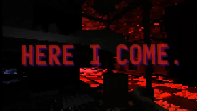 It Steals: the words HERE I COME in red over a glitching dark corridor