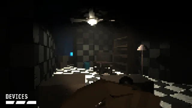 It Steals: a dim pixelated room with checkered walls, a ceiling fan and a floor lamp, a cyan light glowing in the doorway