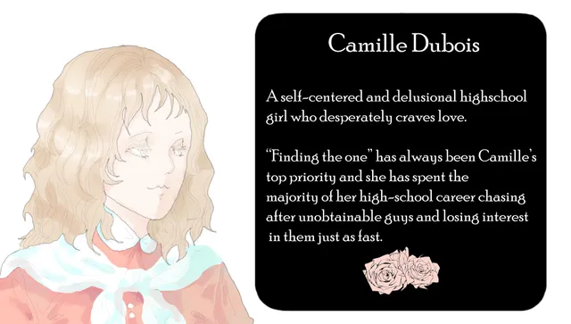 ITYH: A Horror Otome character card: Camille Dubois, a girl with wavy blonde hair who desperately craves love