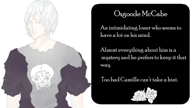 ITYH: A Horror Otome character card: Osgoode McCabe, a white-haired loner in a skull shirt who keeps everything about himself a mystery