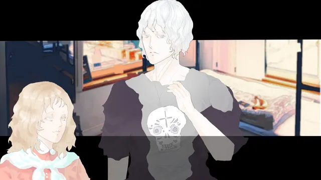 ITYH: A Horror Otome screenshot: Osgoode stands in a bedroom while Camille looks on from the corner of the screen
