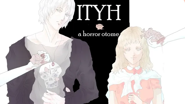 ITYH: A Horror Otome cover: pale, white-haired Osgoode in a skull shirt and blonde Camille in a pink dress, with bloody hands holding a rose and a heart, beside the title