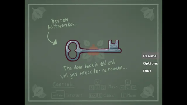 Jake's Halloween Night screenshot: the menu shows a hand-drawn bathroom key with a note that the old lock gets stuck