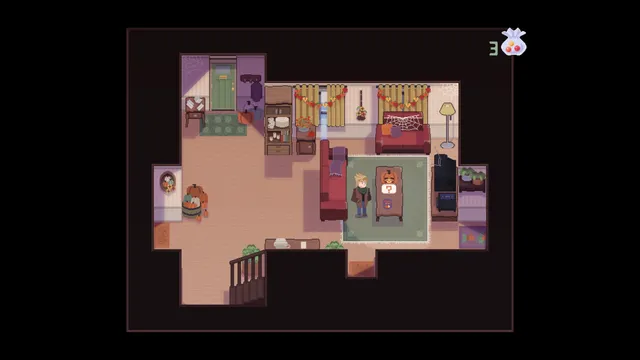 Jake's Halloween Night screenshot: Jake stands in a pixel-art living room with a red sofa, pumpkins and autumn decorations