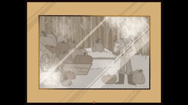 Jake's Halloween Night screenshot: a faded framed photo of a figure in a pumpkin patch beside a cornfield