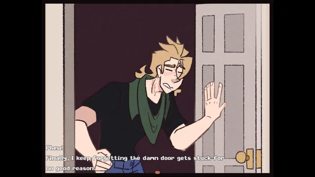 Jake's Halloween Night screenshot: a drawn cutscene of Jake in a green scarf pushing a stuck door open