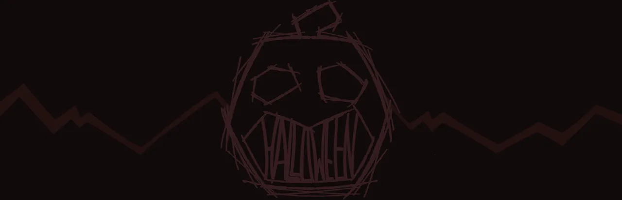 Jake's Halloween Night art: a scratchy drawn jack-o'-lantern with Halloween written across it over dark hills