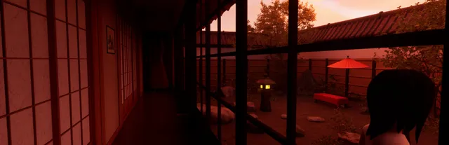 Japanese House Exploration key art: a long veranda corridor with paper sliding doors at sunset, a dim figure in red at its far end, a stone lantern and a red parasol in the courtyard and a dark-haired