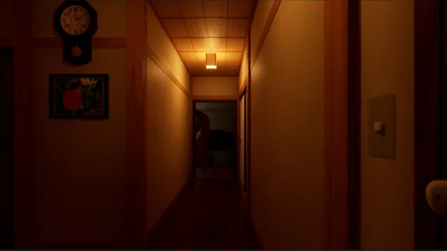 Japanese House Exploration screenshot: a lamp-lit hallway with a pendulum clock and a framed photo, and a tall figure in red half visible in the doorway at the end