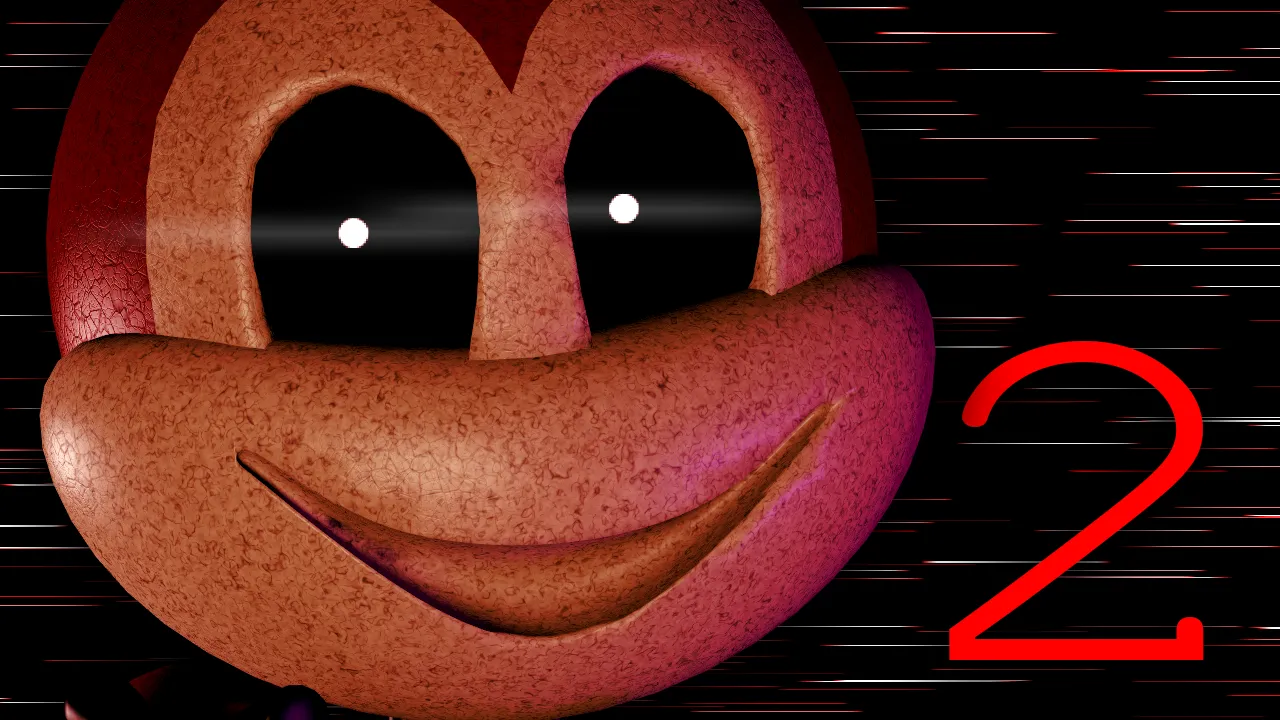 JOLLY 2 key art: the grinning face of a red bee animatronic with pin-prick white eyes beside a red number 2