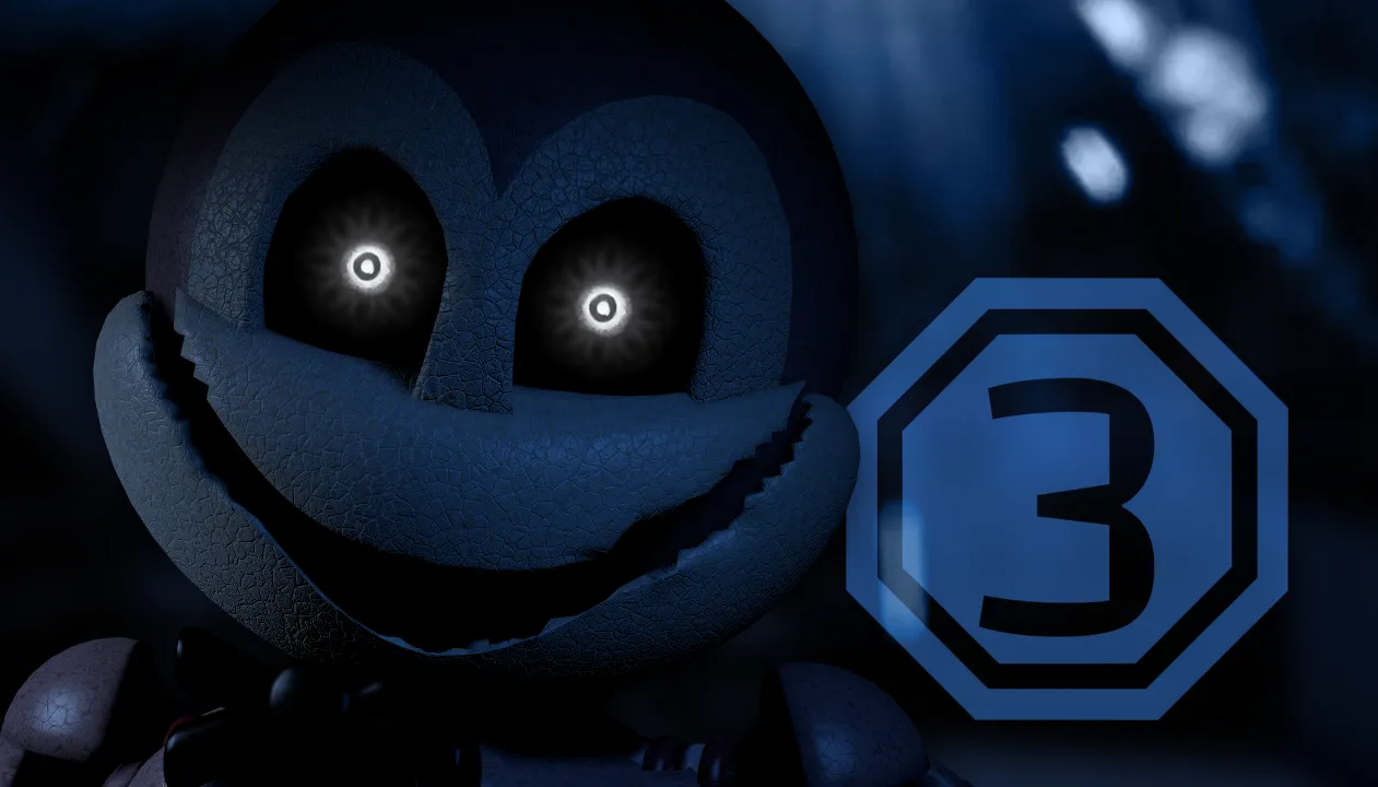 JOLLY 3: Chapter 1 key art: Jolly the bee animatronic's grinning face with glowing white eyes in blue light beside an octagonal 3