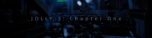 JOLLY 3: Chapter 1 banner: rows of animatronic heads on shelves in a dark workshop, with the title