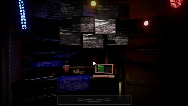 JOLLY 3: Chapter 2 screenshot: the dark security office with a wall of static-filled monitors and a terminal on the desk