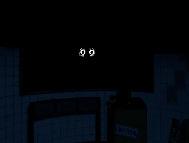 JOLLY screenshot: two round white eyes staring through the office's dark window