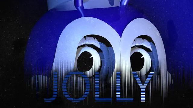 JOLLY key art: the huge round eyes of Jolly the blue bee animatronic in the dark, with the title in glitching blue letters