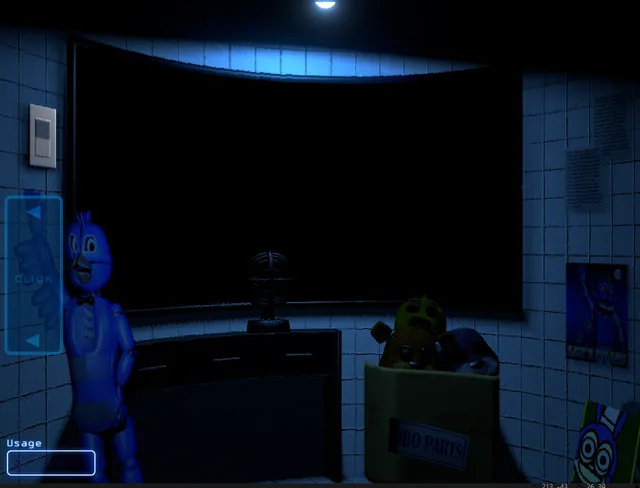 JOLLY screenshot: the tiled security office, with a blue animatronic standing at the left beside the dark window