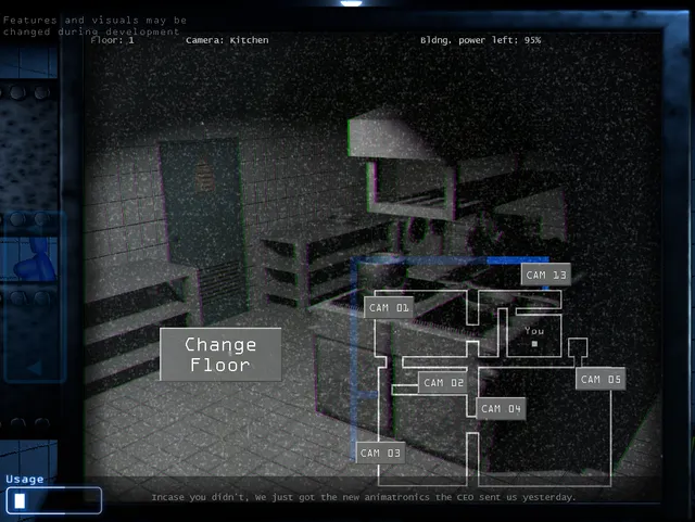 JOLLY screenshot: the grainy kitchen camera with a map of cameras and the Change Floor button
