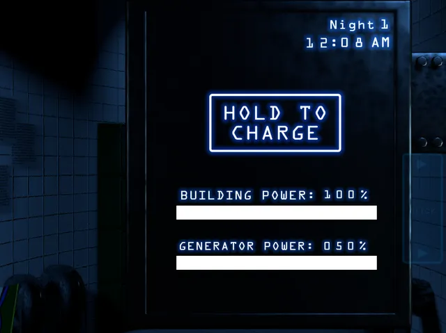 JOLLY screenshot: the generator panel on night 1 showing building power at 100 percent and generator power at 50 percent