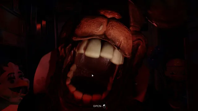 A close-up of a snarling animatronic's open mouth full of teeth, with smaller mascot figures behind it
