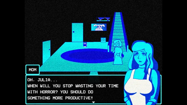 Julia's mother tells her to stop wasting her time with horror, in a cyan living room
